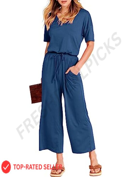 Pants - Wide Leg Cropped Jumpsuit V Neck Short Sleeve Romper with Pockets